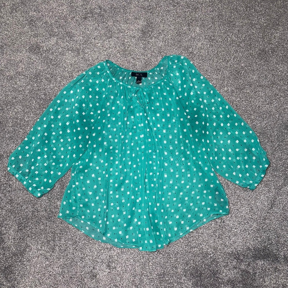 BCX‎ Women's Green & White Dotted Long Sleeve Flowy Blouse Size Large